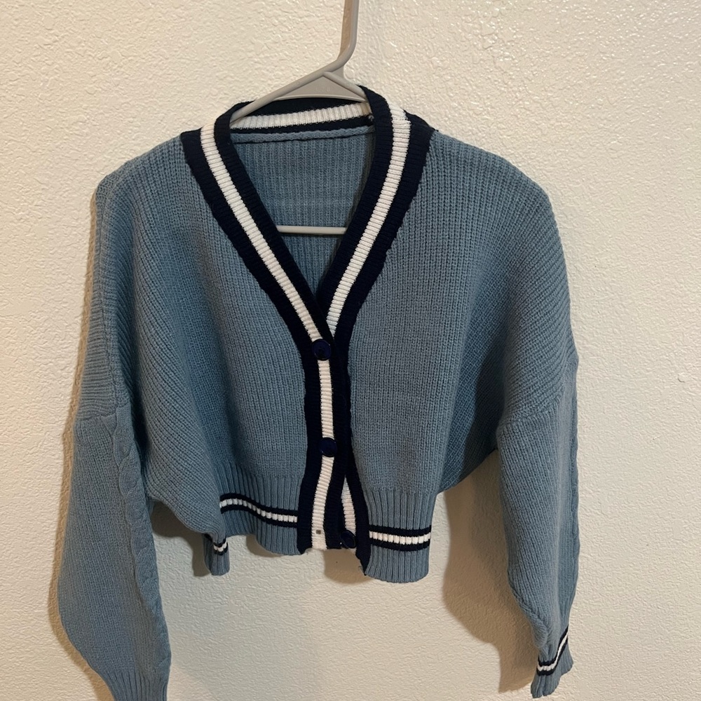 Short blue sweater cardigans